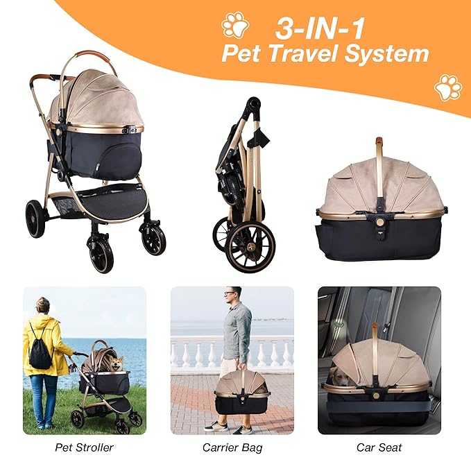 Dog Stroller for Small Medium Dogs, 3 in 1 Folding Pet Stroller Up to 33 lbs, 4 Wheels Pet Strolling Cart with Zipperless Entry, Cat Dog Travel Carrier with Cup Holder & Storage Basket-PawvioPets
