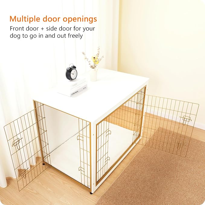 DWANTON Dog Crate Furniture with Cushion, Wooden Kennel Table with Double Doors, Indoor Dog House, Extra Large Size, 43.3" L, White+Gold-PawvioPets