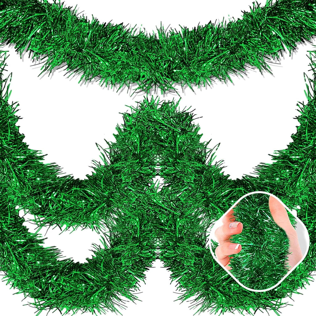 50 Feet Green Christmas Tinsel Garland, Metallic Foil Twist Garland Wall Hanging Tinsel Banner Backdrop for Parade Floats, Easter, Mother's Day, Wedding Party Decorations (2in x 50ft)