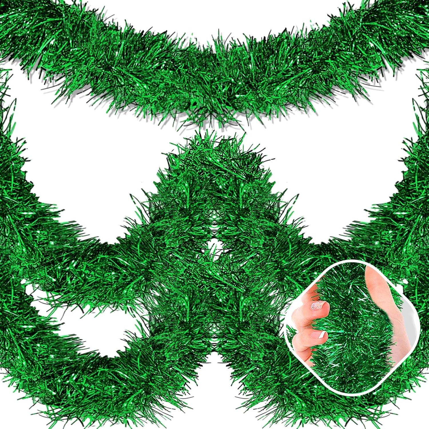 50 Feet Green Christmas Tinsel Garland, Metallic Foil Twist Garland Wall Hanging Tinsel Banner Backdrop for Parade Floats, Easter, Mother's Day, Wedding Party Decorations (2in x 50ft)
