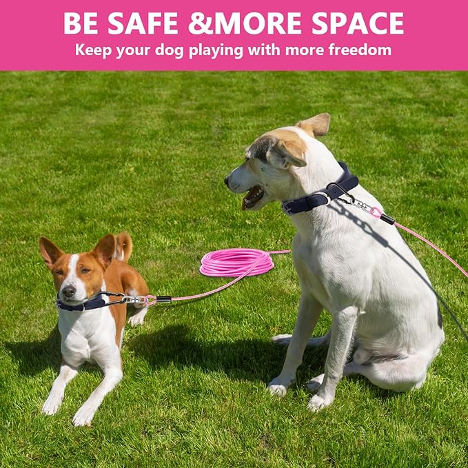 Dog Tie Out Cable 15FT-500Lbs,Heavy Duty Dog Leads&Tether for Yard with Swivel Hook,Small Large Dogs Leash Line for Outside,Rust Chew Proof Dogs Run Cable for Outdoor Camping (Pink, 15FT)-PawvioPets