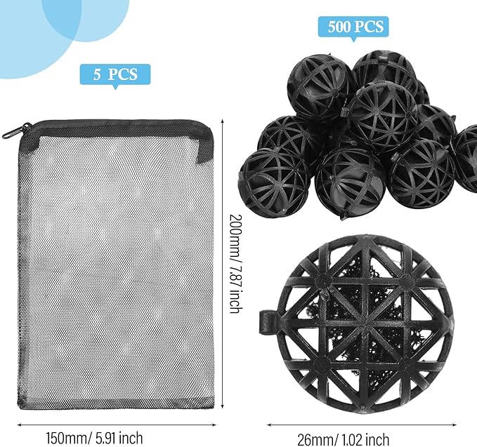 500 Pieces Bio Filter Balls Black Bio Balls for Aquarium Filter Pond Filter 1.02 Inch Internal Bioballs Filter Media with 5 Pieces Aquarium Filter Media Bags Mesh Bags with Zipper for Fish Tank Pond-PawvioPets