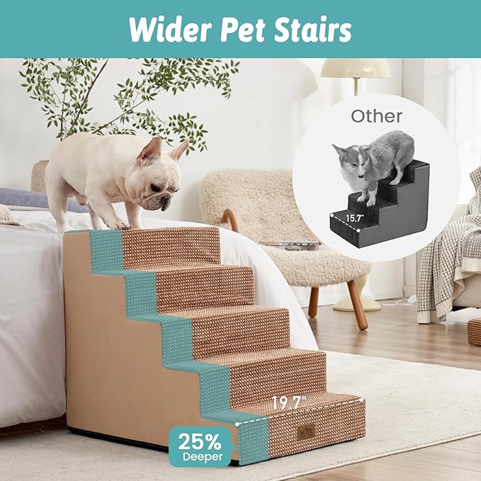 Dog Stairs for Small Dogs, 5 Tier Wider Pet Stairs for High Beds, 23.6" H Non-Slip Dog Steps for Old Cats, Puppies, Small Medium Dogs, 29.5x19.7x23.6 inch, Light Brown-PawvioPets