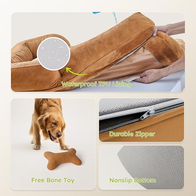 Extra Large Dog Bed, Orthopedic Dog Beds with Cooling Gel Memory Foam, Waterproof XL Pet Bed with Removable Washable Cover, 42" Pet Sofa Couch Dutch Velvet with Bone Toy, Brown-PawvioPets