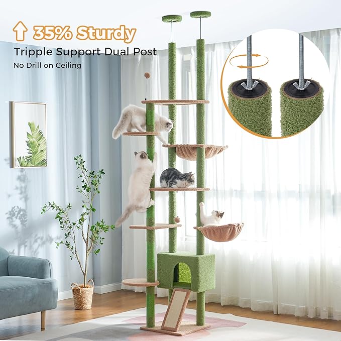 Floor to Ceiling Cat Tree Tall Cat Tower with Adjustable Height (81.8-108 Inches) with Fully Scratching Post Private Condo and Hammock for Indoor Cats (Green, Triple Dule Posts)-PawvioPets