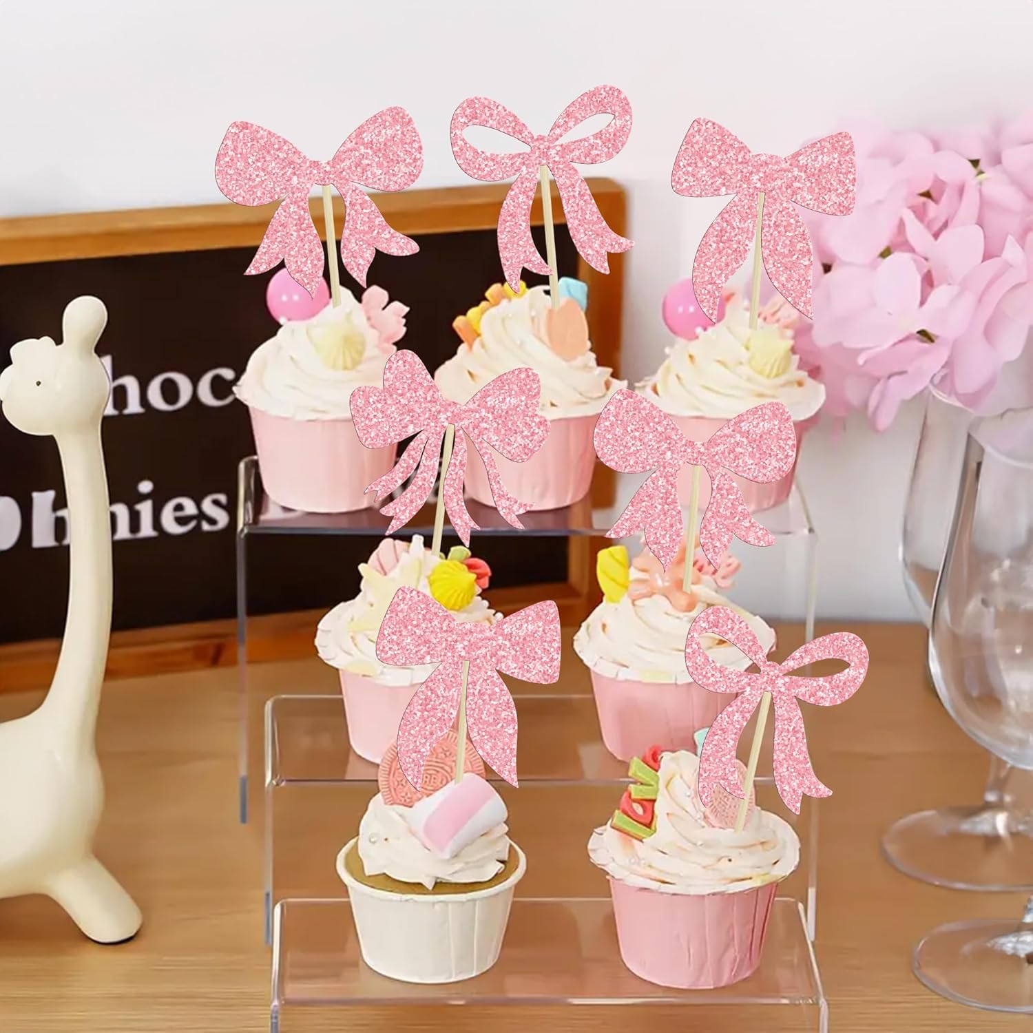 Gyufise 36Pcs Bow Cupcake Toppers Glitter Girls Birthday Decorations Bowknot Cupcake Picks Bow Tie Birthday Decorations Bow Cake Toppers for Bridal Baby Shower Bachelorette Party Supplies Pink