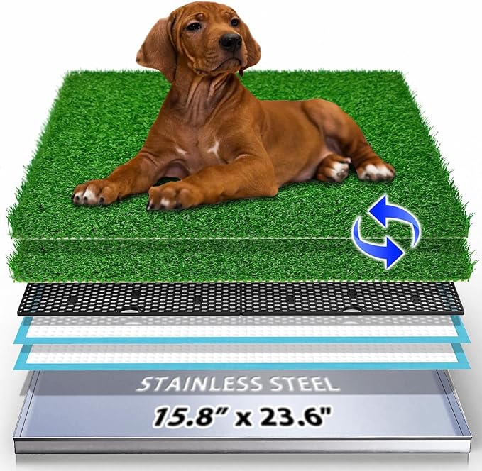 Dog Grass Pad with Tray, Stainless Steel Odor-Resistand Indoor Outdoor Potty System, Durable Alternative to Plastic with Artificial Grass for Dogs Potty Training (Potty System Size -23.6"x 15.8")-PawvioPets