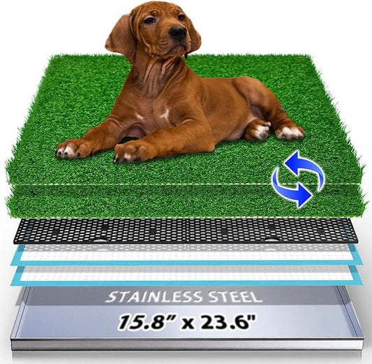 Dog Grass Pad with Tray, Stainless Steel Odor-Resistand Indoor Outdoor Potty System, Durable Alternative to Plastic with Artificial Grass for Dogs Potty Training (Potty System Size -23.6"x 15.8")-PawvioPets