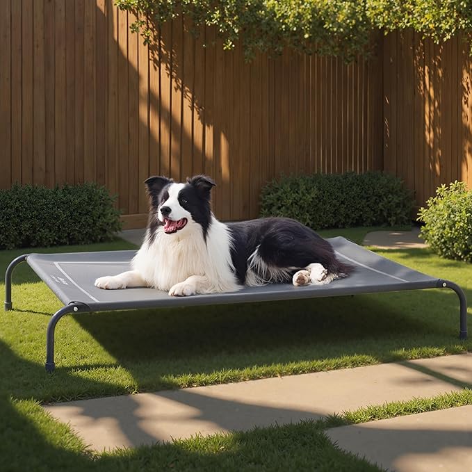Bedsure Outdoor Elevated Dog Bed Large Sized Dog, Portable Indoor & Outdoor Cooling Raised Cot Pet Hammock Bed with Skid-Resistant Feet, Frame with Breathable Mesh, Grey, 49 inches-PawvioPets