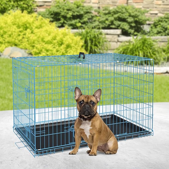 BestPet | Dog Crate | 30" | Blue | Foldable Metal Kennel with Double Doors, Secure Slide-Bolt Latches, Leakproof Tray | Portable Dog Cage for Small Breeds | for Travel, Indoor & Outdoor Use-PawvioPets
