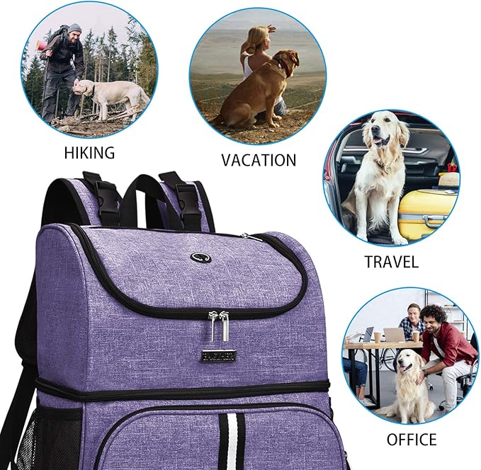 BAGLHER Pet Travel Bag, Double-Layer Pet Supplies Backpack (for All Pet Travel Supplies), Pet Travel Backpack with 2 Silicone Collapsible Bowls and 2 Food Baskets Purple-PawvioPets