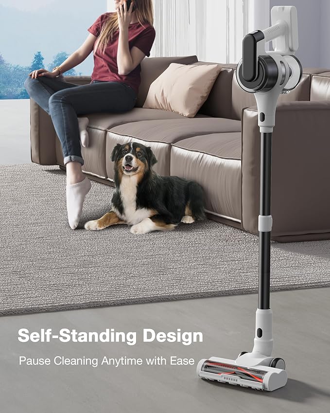 Cordless Stick Vacuum Cleaner for Home, Lightweight Rechargeable Vacuum with 55min Runtime, Powerful Suction, Green LED Headlight, 9-in-1 Pet Hair Carpet & Hardwood Floor Cleaner-PawvioPets