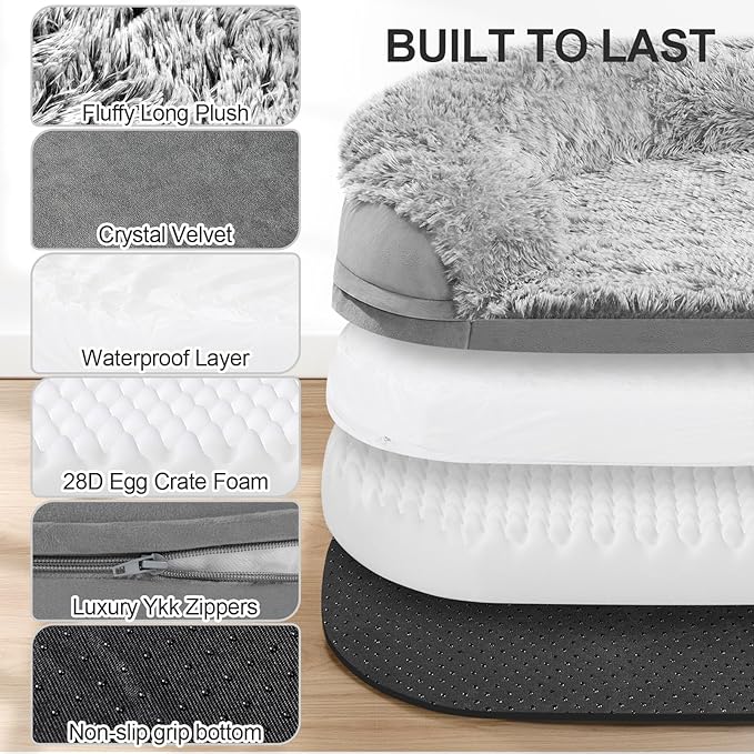 3.7 inch Thickened Orthopedic Dog Beds for Medium Dogs, Supportive Dog Sofa Bed with 28D Egg-Crate Foam, Removable Washable Plush Cover, Waterproof Lining, Half-Round Design for Puppy,Senior Dog-PawvioPets