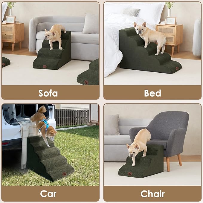 EHEYCIGA Curved Dog Stairs Ramp for High Beds 22.6" H, 5-Step Dog Steps for Small Dogs and Cats, Pet Stairs for High Bed Climbing, Non-Slip Balanced Pet Step Indoor, Olive Green-PawvioPets