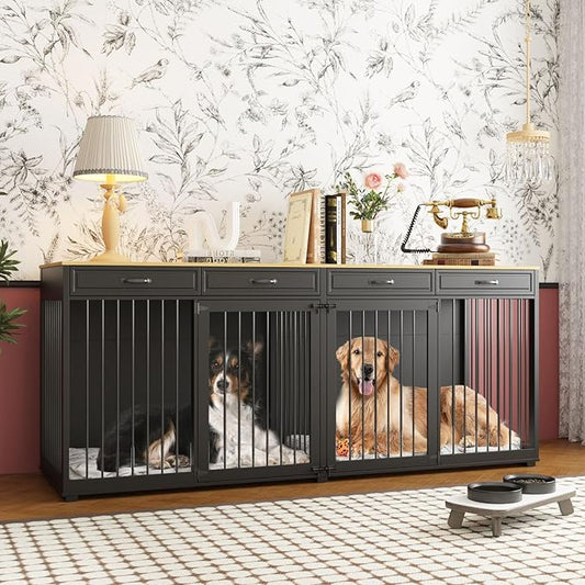 Extra Large Dog Crate with Double Rooms, 93" Heavy Duty Wooden Dog Cage Furniture Dog Crate Kennel w/Drawers & Removable Divider,Indoor Luxury Dog House for Large Dogs,Black-PawvioPets