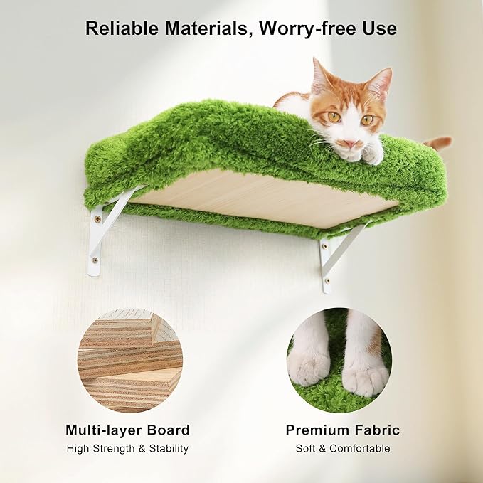 FUKUMARU Cat Wall Shelves, Stable & Safe 4 in 1 Cat Furniture Set, Wooden Climbing Wall with Scratching Post, Bridge and Bed, Stylish Jungle Gym for 16 Inch Drywall - Green-PawvioPets
