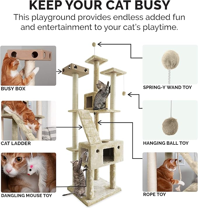 Furhaven 69.3" Tall Cat Tree for Indoor Cats, Ft. Sisal Scratching Posts, 2x Cat Condos, & Toys - Tiger Tough Double Decker Interactive Playground Tower - Cream, One Size-PawvioPets