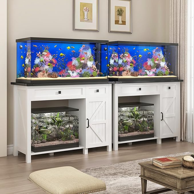 40 Gallon Aquarium Stand With Charging Station, Farmhouse Fish Tank Stand, Reptile Tank Stand Terrarium Stand with Drawer and Cabinet Storage, Sturdy Heavy Duty 41.9"×18.3" Tabletop - White-PawvioPets