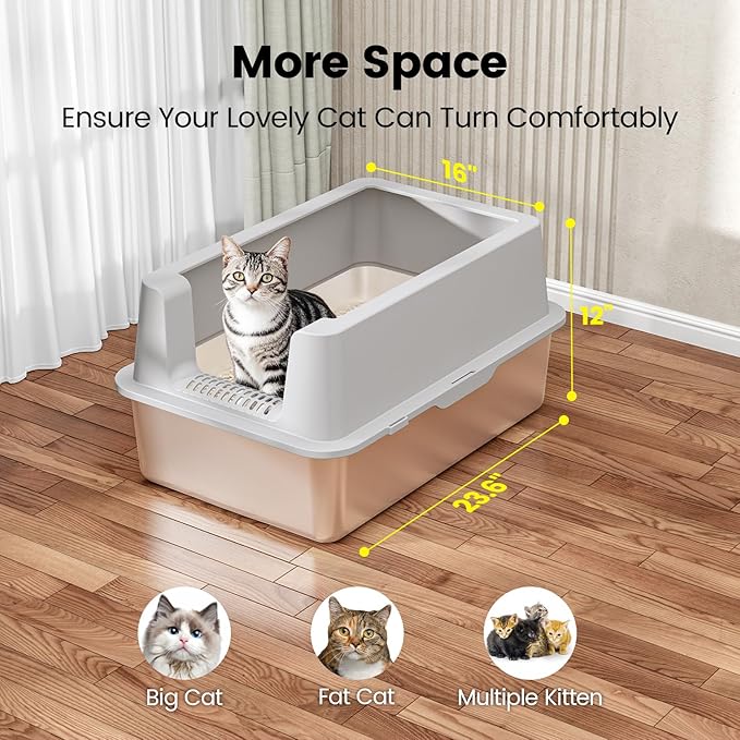 2 Pack Stainless Steel Cat Litter Box - Enclosed XL Metal Kitty Litter Box with Lid for Big Cats, High Sided, Anti-Leakage, Easy Cleaning, Non-Sticky, Included Cat Litter Spoon-PawvioPets