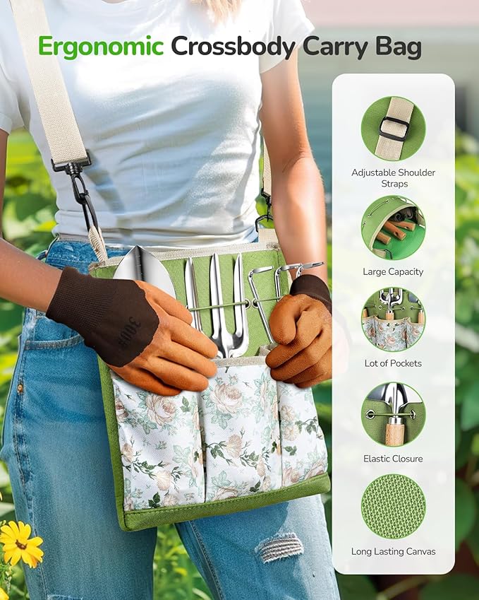 All-in-One Garden Tool Set, 11-Piece Heavy Duty Gardening Tools with Ergonomic Canvas Shoulder Crossbody Bag, Rust-Proof Premium Garden Tool Kit, Gardening Gift for Women Men, Green, GR003-PawvioPets