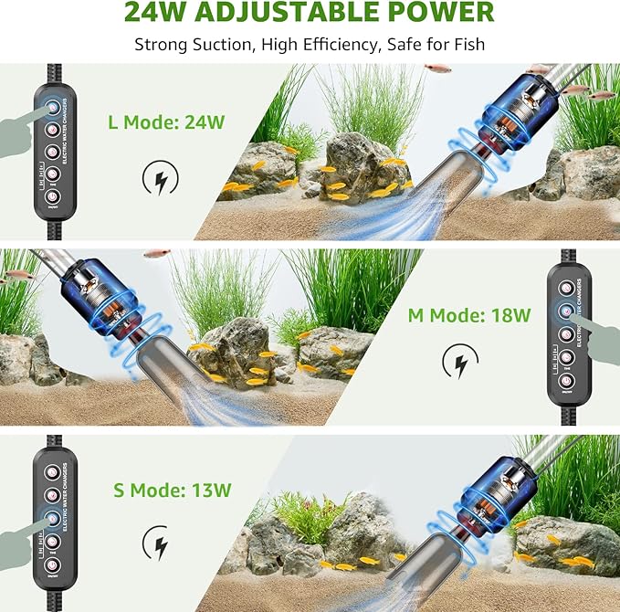 Electric Aquarium Vacuum Gravel Cleaner: 24W Fish Tank Vacuum Gravel Cleaner with Strong Suction for Automatic Water Change Algae Remover Sand Wash Water Shower and Water Circulation, Timed Off-PawvioPets
