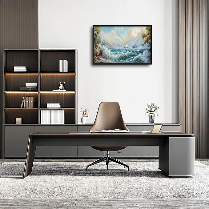 Framed Large Sailboat Wall Art for Living Room, Oversized Sea Coastal Wall Decor Beach Nautical Canvas Painting Seascape Pictures Home Decoration for Living Room Bedroom Office 36"x24"-PawvioPets