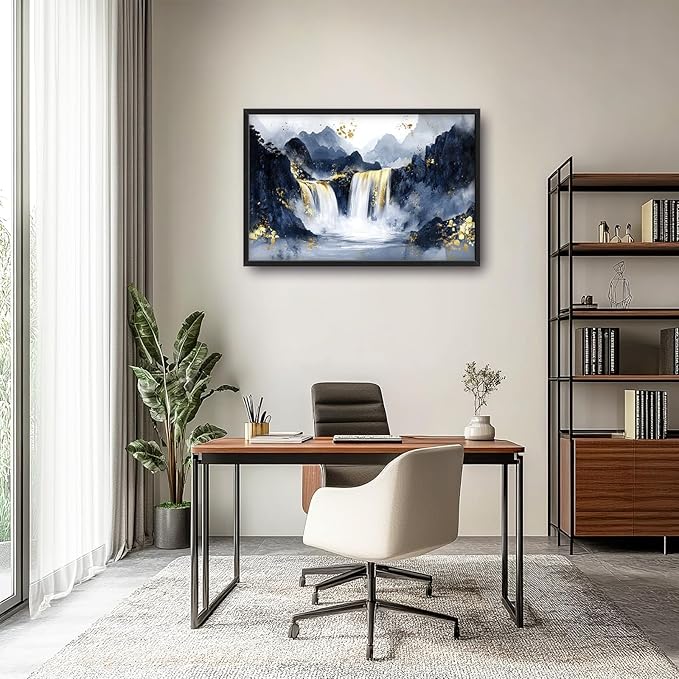 Extra Large Abstract Golden Waterfall Framed Wall Art for Living Room,Oversized Foggy Mountain Pictures Wall Decor,Canvas Print Painting Modern Artwork Bedroom Office Bathroom 36L" x 24W"-PawvioPets