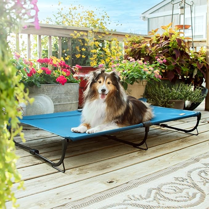Folding Raised Dog Cot, Large Outdoor Elevated Dog Bed, Cooling Chew Proof Pet Cots Bed, Portable, Heavy Duty Up to 160 lbs, Pet Cot for Camping, Home, Dark Blue, 43"x27"x7"-PawvioPets