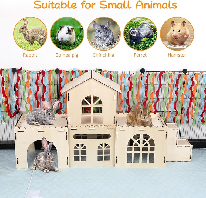 Extra Large Bunny Castle Hideout, Wooden Bunny House and Hideouts Detachable Rabbits Hideaway, Indoor Rabbit Castles Sturdy Small Animal Play Hideaway Hut for Rabbits, Guinea Pigs, Chinchillas-PawvioPets