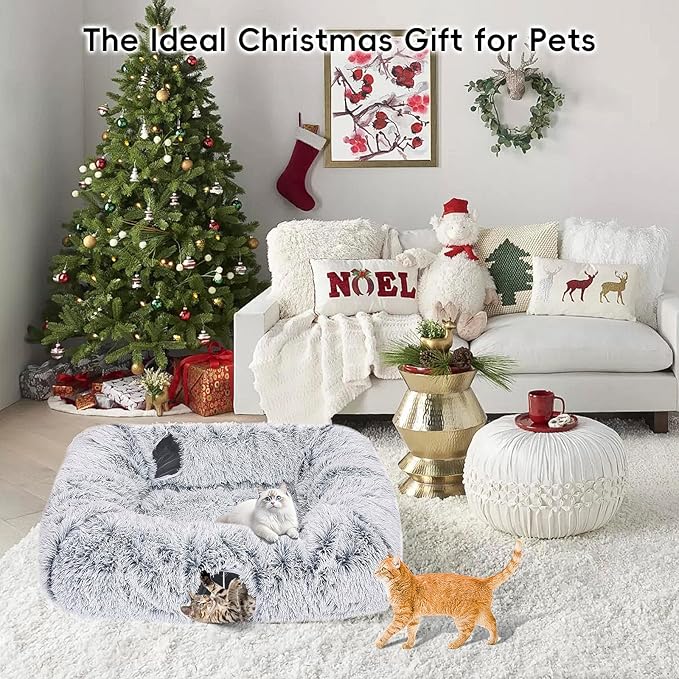 Extra Large Cat Tunnel Bed, 4 Ways Tunnels for Indoor Cats, Multi-cat Family Peekaboo Cave & Cat Bed, Plush Cat Donut with Washable Middle Mat, Exit Balls, Pet Play Toy for Kitten Puppy Rabbit-PawvioPets