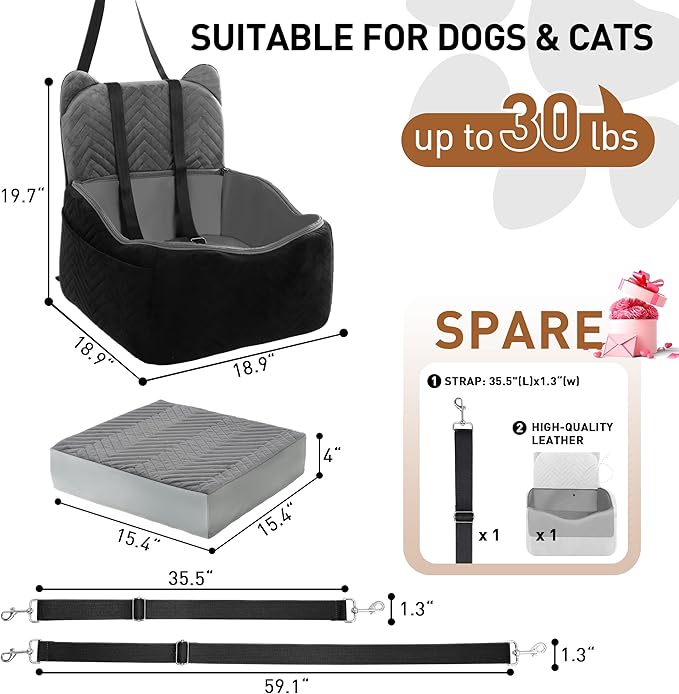 Dog Car Seat Booster with Waterproof Cover, Memory Foam, Small/Medium Dog Bed for Car Back Seat for Travel, Black/Grey, 2 Safety Belt-PawvioPets