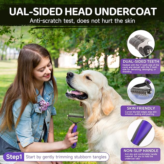 Dog Brush Kit – 3 PCS Grooming Set with Self-Cleaning Brush, Undercoat Rake & Pet Bath Brush. Great for Shedding, Tangles & Dirt Removal – Ideal for Long & Short Haired Dogs & Cats, Purple-PawvioPets