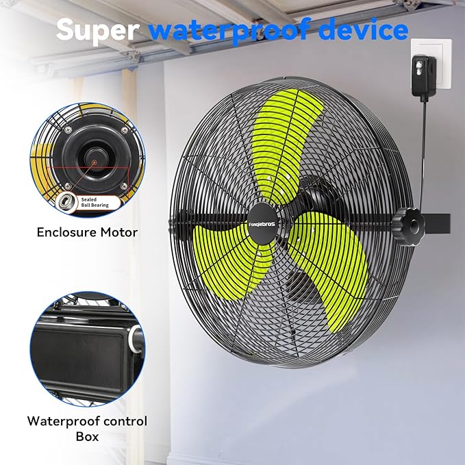 2600 CFM 14 inch Outdoor High Velocity Wall Mounted Fan, 3-Speed Metal Fans with IP44 Enclosure Motor, Industrial Grade Weatherproof Wall Fan for Patio, Greenhouse, Garage, and Gazebo-PawvioPets