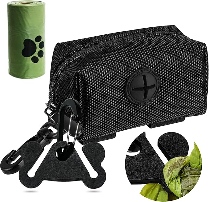 Dog Waste Bag Dispenser Pet Poop Bags Holder for Doggie Waste Bags Dispensers Soft Fabric Zipper Small Doggy Puppy Pouch for Leash Accessory Attachment with Carrier (Black)-PawvioPets
