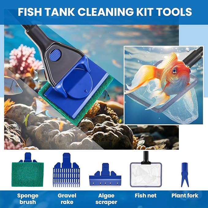 Aquarium Fish Tank Cleaning Tool Kit Include 4 Pcs Long Aquascape Tools Kit 1 Pcs Magnetic Glass Cleaner Brush 5 in 1 Fish Tank Gravel Cleaner and Siphon Vacuum for Terrarium Fish Tank Set-PawvioPets