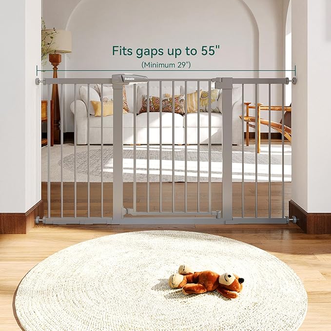 BABELIO 29-55 Inch Extra Wide Baby/Dog Gate, Metal Auto Close for The House and Doorways, Pressure Mounted Pet Door, NO Need Tools and Drilling, with Wall Cups, Gray-PawvioPets