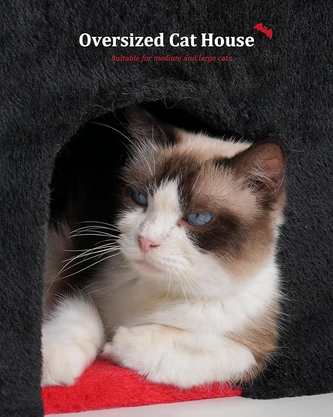 Gothic Cat Condo Cave for Indoor Cats, Spacious Indoor Coffin Cat House Bed,Large 20x13.5inch Bunk Perch, Stable Cubbie for Pets Rabbits, Halloween Red Black-PawvioPets