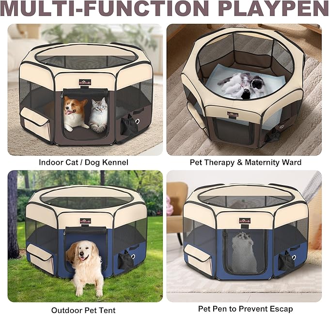 Aivituvin Dog Playpen, Foldable Pet Play Pens with Carrying Bag for Cat, Puppies, Rabbits, Portable Dog Tent Crates Cage for Travel Camping Indoor Outdoor, Removable Shade Cover, Brown L-PawvioPets