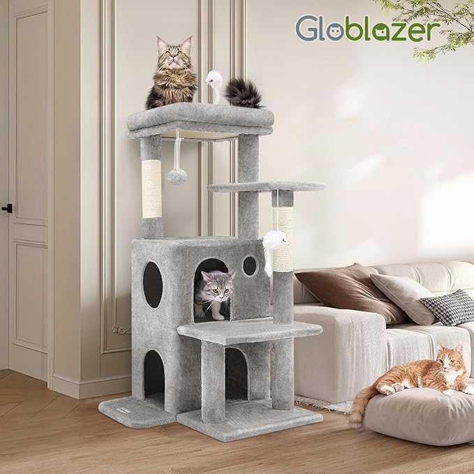 Globlazer Cat Tree Tower for Indoor Cats, 50-inch Adult Cat Tree House for Large Adult Cats with Steps, Scratching Post, 2 Cat Caves, Dangling Toys, FC50, Light Grey-PawvioPets