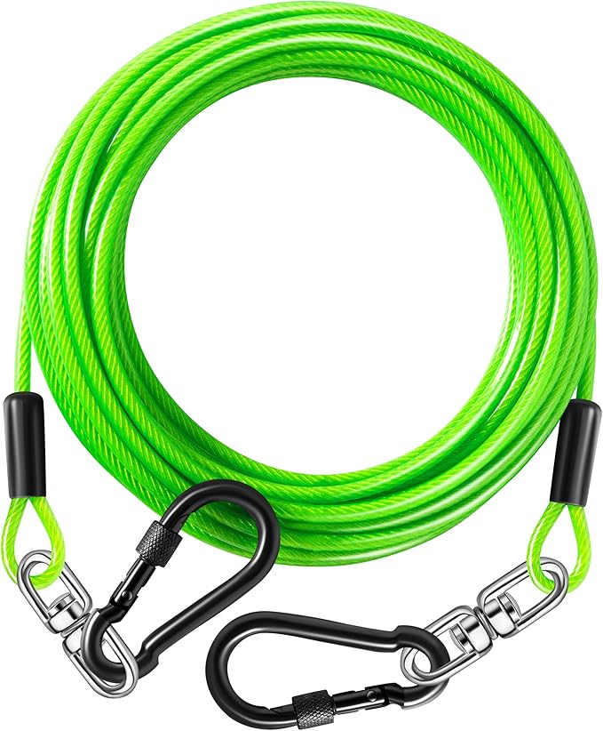 Dog Tie Out Cable 10FT-500Lbs,Heavy Duty Dog Leads&Tether for Yard with Swivel Hook,Small Large Dogs Leash Line for Outside,Rust Chew Proof Dogs Run Cable for Outdoor Camping (Green, 10FT)-PawvioPets