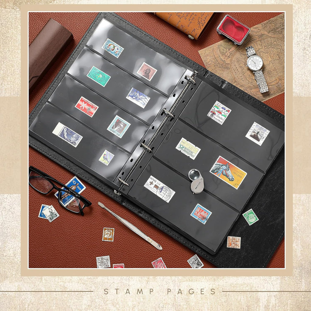 Lewtemi Stamp Collecting Albums Set Stamp Collection Book Include 20 Pages Album Binder Tweezer and Loop Magnifier Collecting Supplies for Collectors(Black,1/2/3/4 Rows)