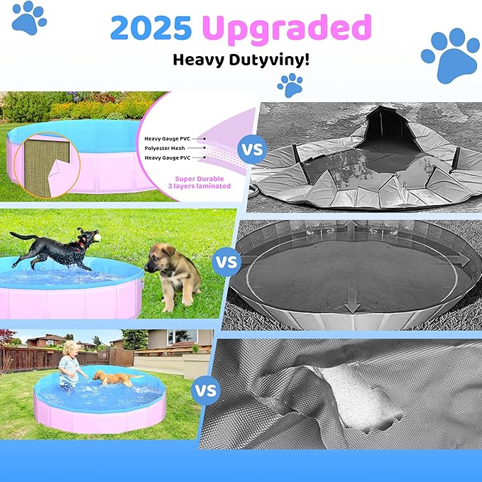 2025 Updated Foldable Dog Pool, 63" x 12" Kiddie Pool with Hard Plastic, Non-Slip Dog Bath Tub for Outdoor Backyard, Collapsible Dog Swimming Pool for Kids Dogs Pets (Pink)-PawvioPets