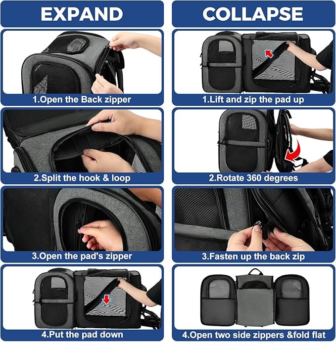 Apollo Walker Pet Carrier Backpack for Large/Small Cats and Dogs, Puppies, Safety Features and Cushion Back Support for Travel, Hiking, Outdoor Use (Gray-Expandable)-PawvioPets