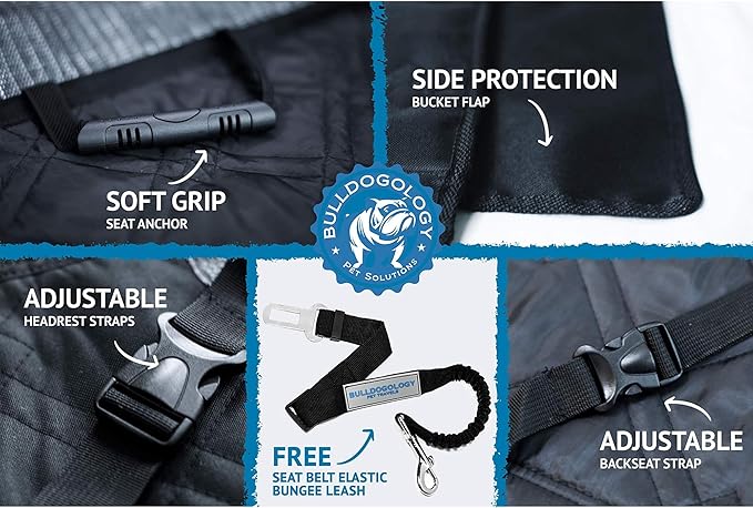 Bulldogology Front Car Seat Covers for Dogs - Heavy Duty Dog Seat Cover for Cars, Trucks, Vans, and SUVs - 100% Waterproof Front Seat Dog Cover - Passenger Dog Car Seat Cover for Front Seat (Black)-PawvioPets