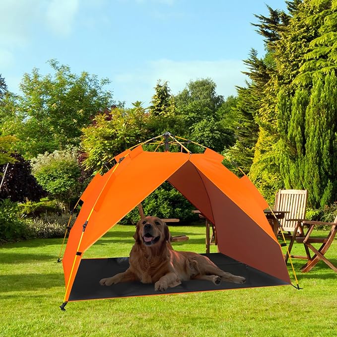 Dog Canopy Shade Shelter Tent for Small Medium Elevated Raised Outdoor Dog Bed Cots, Outside Dog House Pet Sun Umbrella, Quick Setup & No Assembly Needed, Orange 55"X40" (Cots Not Included)-PawvioPets