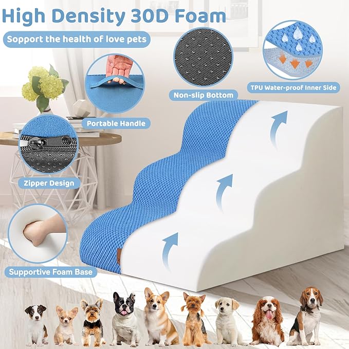 Dog Ramp and Stair for Bed 16" H-20 H,3-Step Cat Stair for Sofa and Chair,4-Step Dog Ramp for High Bed and Window,Durable Nonslip Fabric Cover for Indoor (Blue-16“H, Pet Friendly, 3)-PawvioPets
