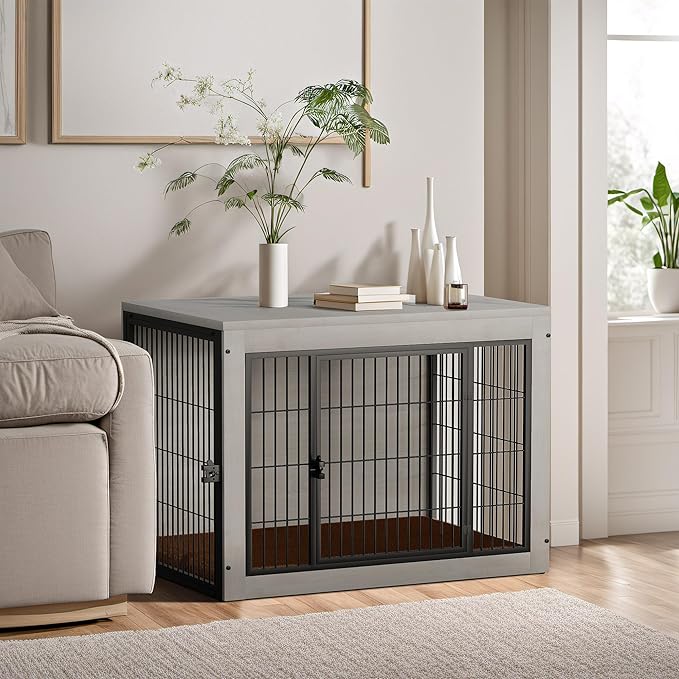 Bigrab Dog Crate Furinture with Thick Cushion, Side End Table Wooden Dog Cage with Double Doors, Chew-Resistant Dog Kennel Dog House Indoor for Small to Large Dog, L (Grey)-PawvioPets