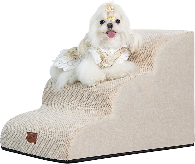GoGoBunny Ramp Dog Stairs for Couch Sofa and Chair 15.7" H, 3-Step Pet Steps for Small Dogs and Cats, Non-Slip Waterproof Fabric Cover, Stable and Balanced Indoor Step, Pets Friendly, Beige-PawvioPets