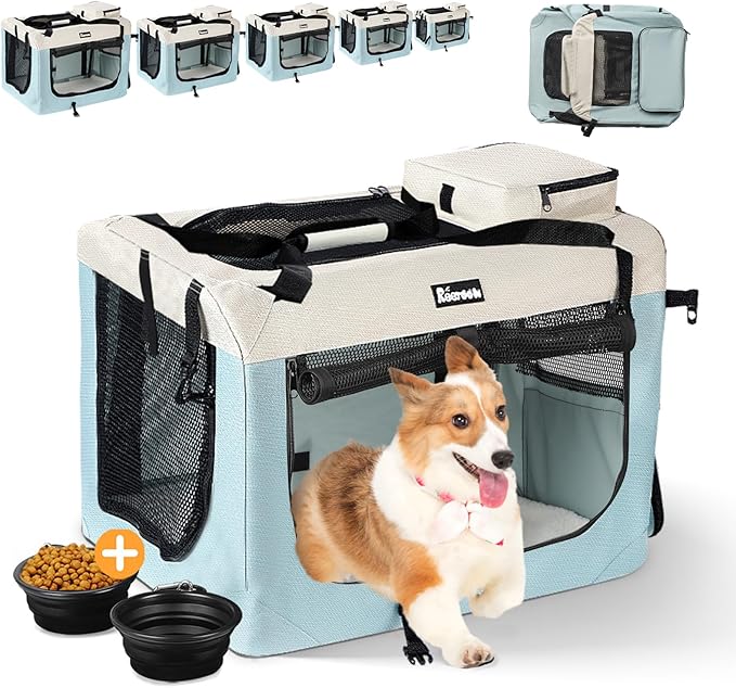 Extra Large Dog Crate with 2 Foldable Bowl, 36 Inch Collapsible Travel Dog Crate Kennel with Soft Blanket for Medium Dogs,Indoor & Outdoor (36" L x 25" W x 25" H, Blue)-PawvioPets