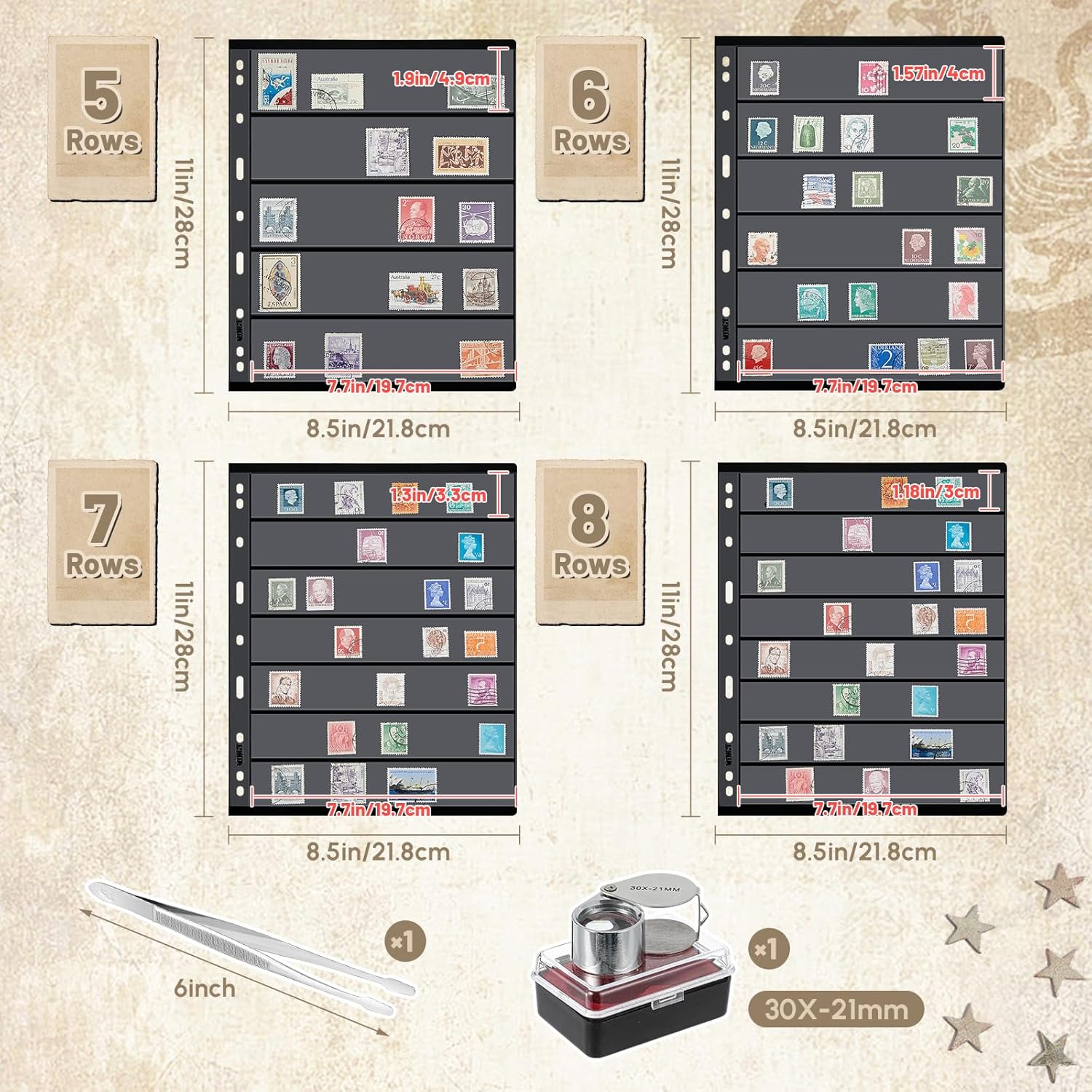 Lewtemi Stamp Collecting Albums Set Stamp Collection Book Include 20 Pages Album Binder Tweezer and Loop Magnifier Collecting Supplies for Collectors (Black,5/6/7/8 Rows)